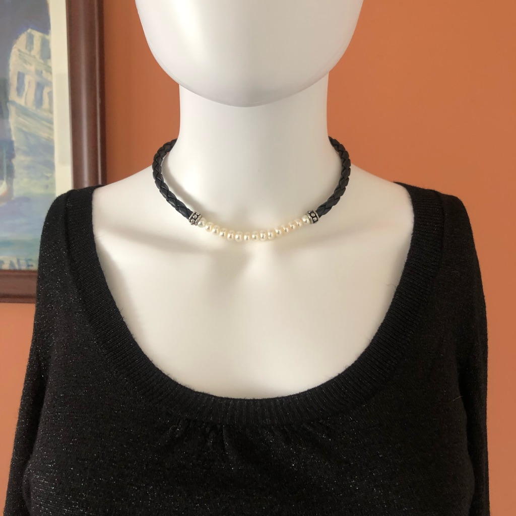 Honora Collection Black Leather And Freshwater Pearl Choker/Bracelet Set